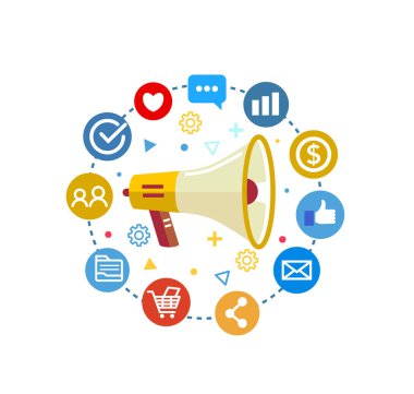 Megafonla dijital pazarlama kavramı, sosyal medya çevrimiçi pazarlama simgesi