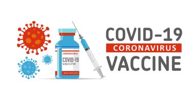 Covid-19 Corona virüs aşısı. Şırınga ve aşı şişesi düz simgeler. Covid-19 Corona virüs aşısı aşı şişesi ve şırınga enjeksiyon aracı.