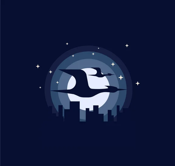 Illustration Silhouette Oiseau Volant Avec Paysage Construction Nuit — Image vectorielle