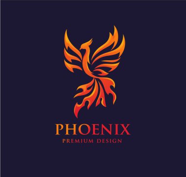 Phoenix logosu. Mitolojik kuş Fenix 'in yaratıcı logosu. Eşsiz bir kuş. Ateş kuşunun silueti. Ateş şeklinde logo şablonu ve ateşten çıkan kuş ve kıvılcımlar.