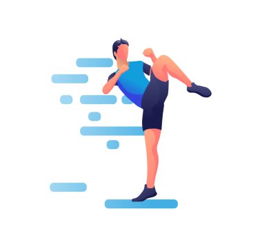 Bacağa tekme atan adam, beyaz arka planda izole edilmiş dövüş sporu, erkek tekme boksörü yan tekme atıyor..