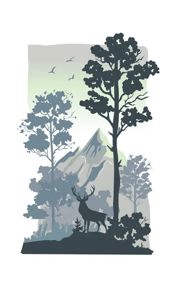 森林中的野生麋鹿 附有山地景观矢量图解 野生探险麋鹿在荒野中 — 图库矢量图片