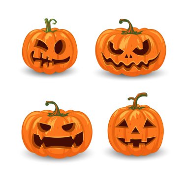 Halloween pumpkins vektör ile dekorasyon parlak turuncu arka planda ve simgeler için farklı yüzleri ayarlayın. Vektör çizim