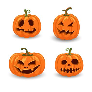 Halloween pumpkins vektör ile dekorasyon parlak turuncu arka planda ve simgeler için farklı yüzleri ayarlayın. Vektör çizim