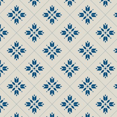 Geometric seamless pattern with navy blue floral symbols on a cream background, creating a modern classic decorative style.