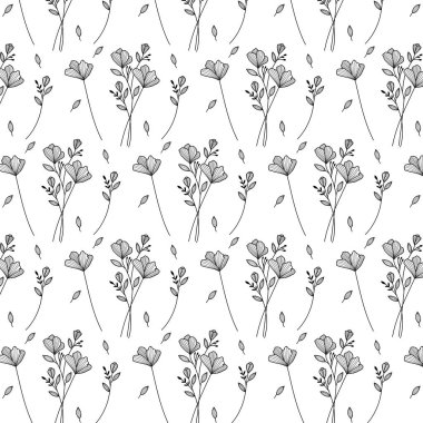 Kusursuz siyah ve beyaz desenli narin çizgili sanat çiçekleri ve zarif minimalist tasarım için yapraklar..
