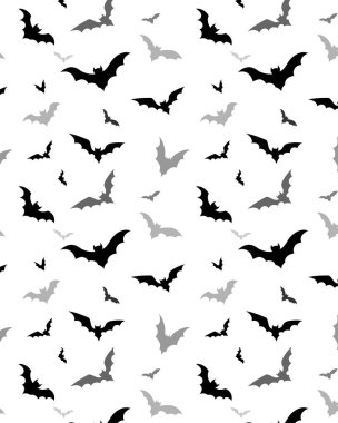 Beyaz arka planda kusursuz siyah ve gri uçan yarasalar, Cadılar Bayramı için mükemmel, ürkütücü baskılar, ya da şenlikli dekorlar..