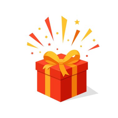 Parlak kırmızı bir hediye kutusu, içinde altın bir kurdele parıldıyor, kutlama, neşe ve heyecan verici sürprizleri simgeliyor..