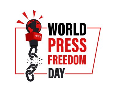 Özgür gazeteciliği ve doğruluk mücadelesini sembolize eden zincirlerden kurtulan bir haber mikrofonunun yer aldığı cesur bir Dünya Basın Özgürlüğü Günü tasarımı.