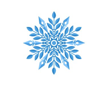 Yapraktan esinlenilmiş geometrik simetriye sahip zarif mavi kar tanesi, temiz vektör stili, kışı, doğayı, dengeyi ve sakinliği simgeliyor.