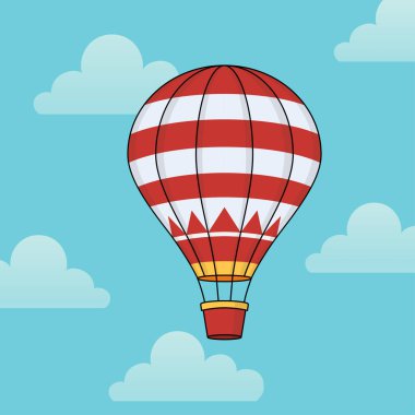 Kırmızı ve beyaz desenli renkli sıcak hava balonu açık mavi gökyüzünde yumuşak bulutlarla süzülüyor ve neşeli bir seyahat çizimi yaratıyor..