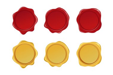 Gerçekçi kırmızı ve altın balmumu mühür pulları koleksiyonu, sertifikalar, davetiyeler, damgalar ve resmi belgeler için zarif vintage rozetler.