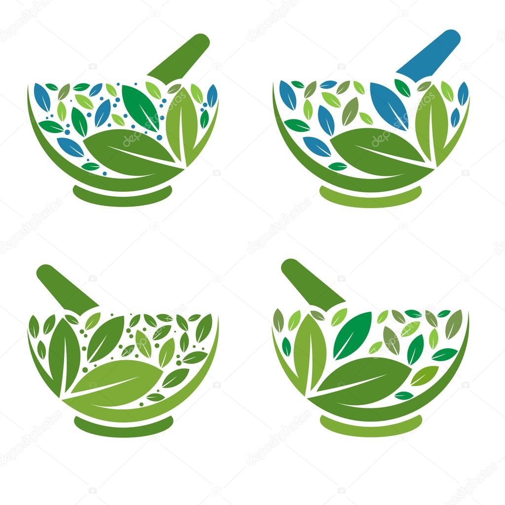 Illustration concept of green leaf as a mortar and pestle white background.