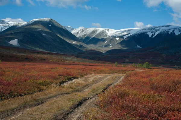 Toprak yol sonbahar dağlarda.