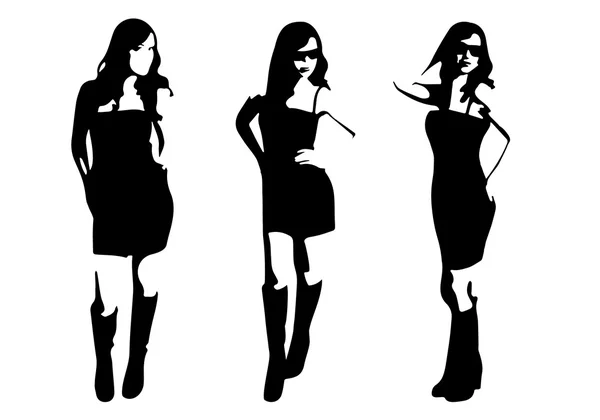 Beautiful woman in dress silhouette set — Stock Vector