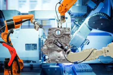 Endüstriyel robotik kaynak, robot sürükleme ve robot 3D tarama akıllı fabrika, makine mavi ton arka plan, endüstri 4.0 ve teknoloji konsepti otomobil parçaları ile çalışma