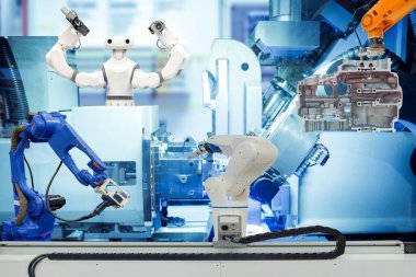 Endüstriyel robotik sürükleyici, akıllı robot ve robotik 3D taraması mavi tonlu akıllı fabrikada otomobil parçaları üzerinde çalışıyor arka plan bulanıklığı, sanayi 4.0 ve teknoloji konsepti