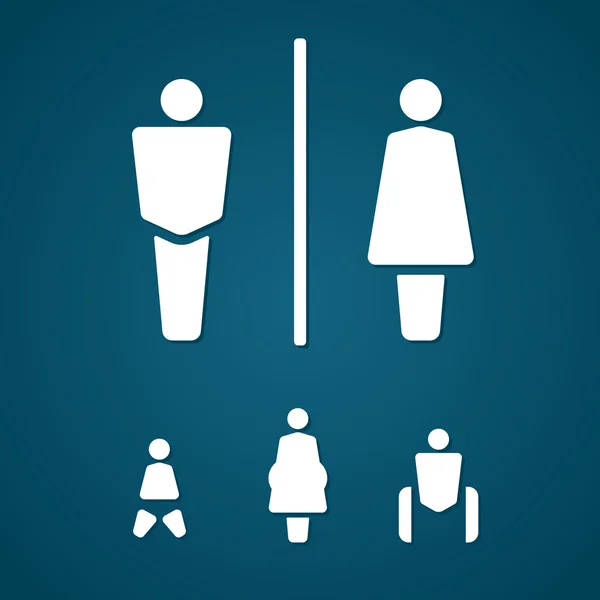Restroom male female pregnant cripple and baby sign solid style vector illustration — Stock Vector