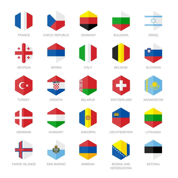 Ευρώπη σημαία εικονίδια. Εξάγωνο επίπεδη διανυσματική σχεδίαση. — Διανυσματικό Αρχείο