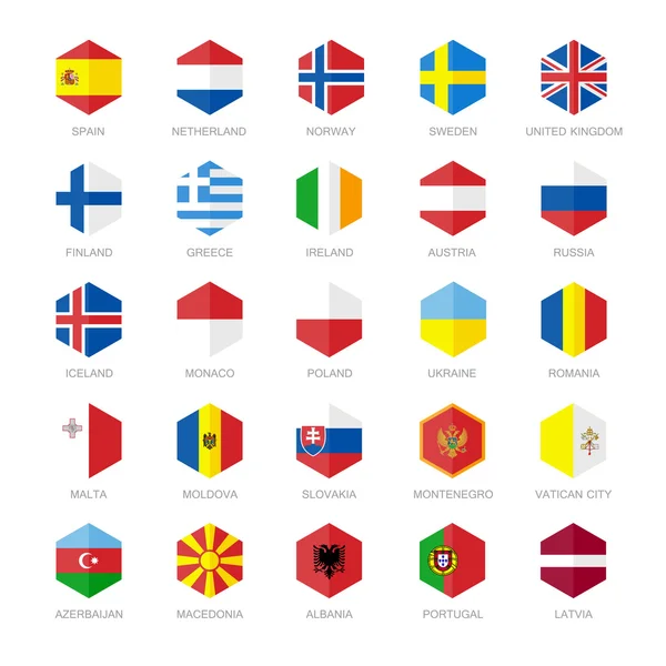 Europe Flag Icons. Hexagon Flat Vector Design. — Stock Vector