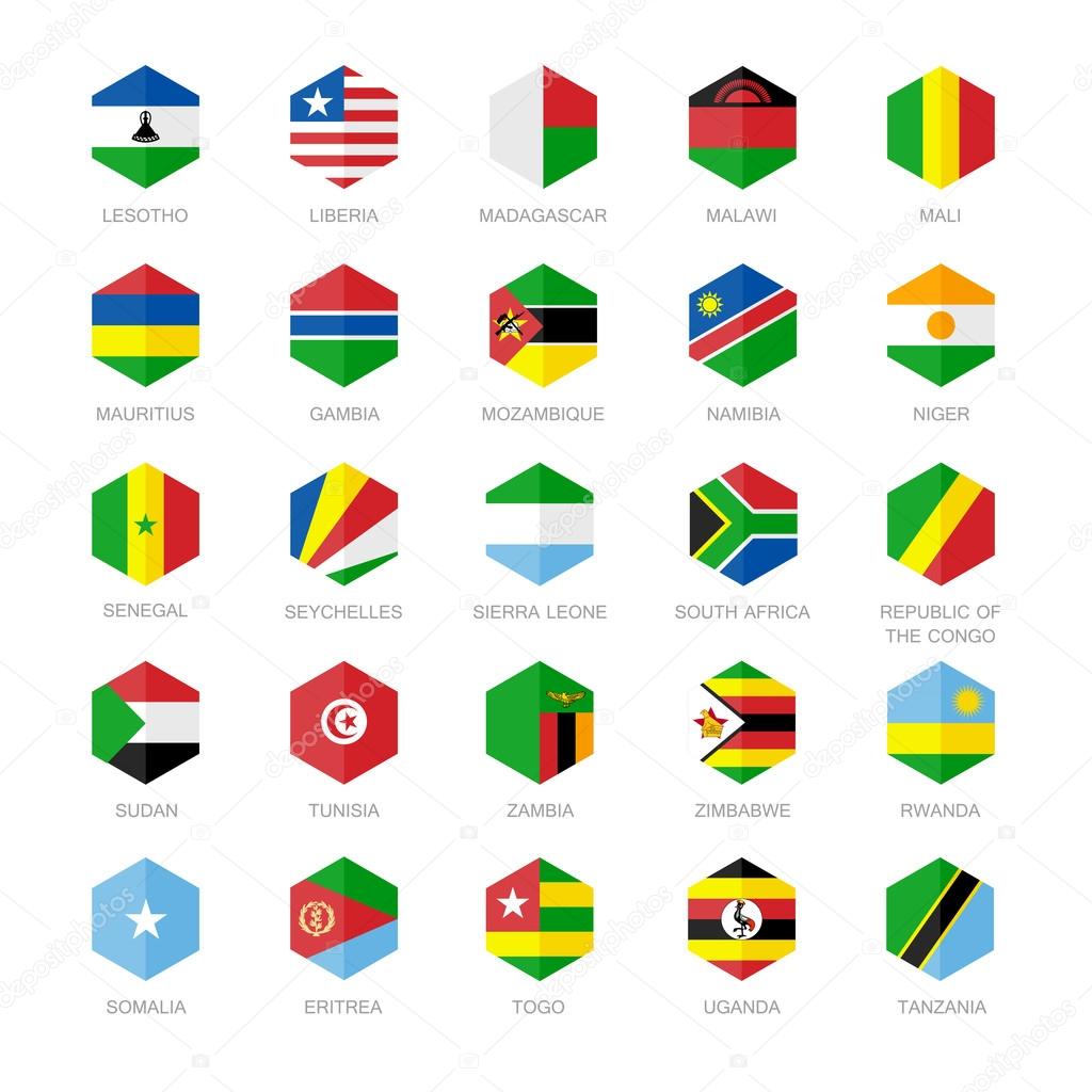 Africa Flag Icons. Hexagon Flat Vector Design.