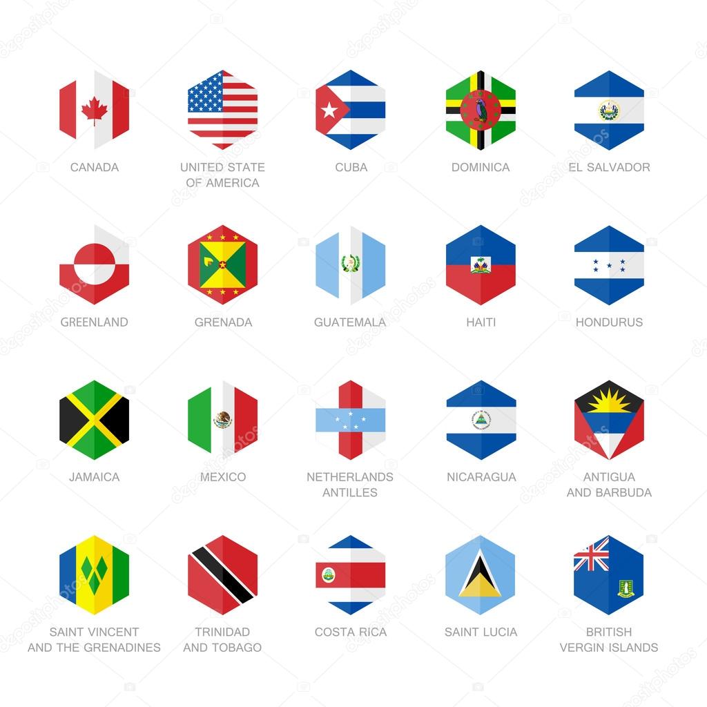 North America and Caribbean Flag Icons. Hexagon Flat Vector Design.