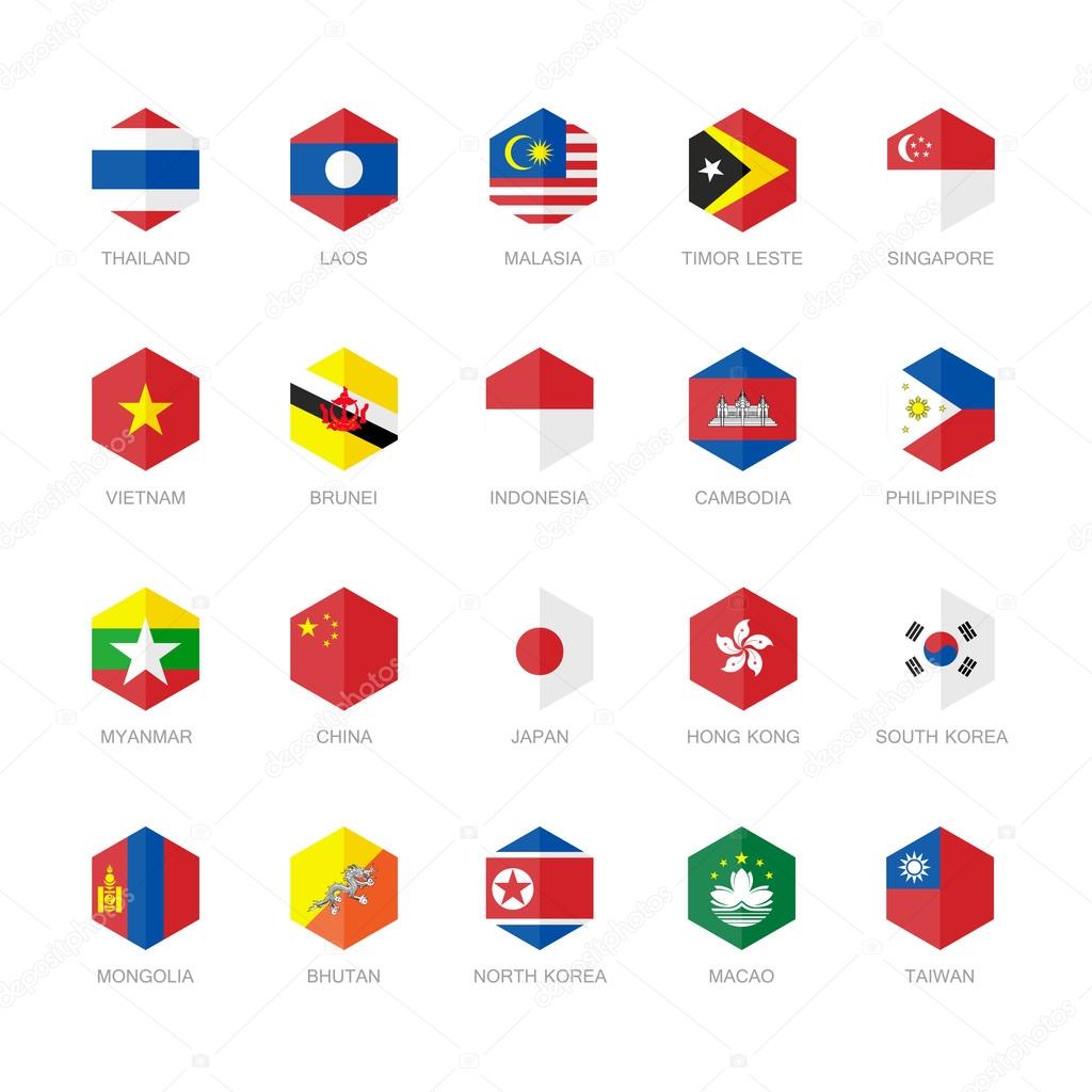 East Asia and South East Asia Flag Icons. Hexagon Flat Vector Design.