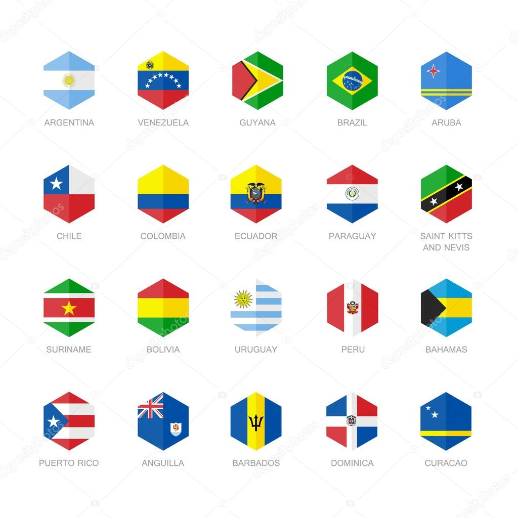 South America and Caribbean Flag Icons. Hexagon Flat Vector Design.