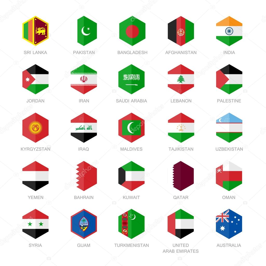 Asia middle east and south Asia Flag Icons. Hexagon Flat Vector Design.