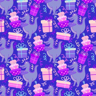 Doğum günü partisi, kağıt, kumaş, çarşaf ve çocuk giysileri baskısı ve yıldönümü aksesuarları için kusursuz timsah deseni. Yüksek kalite fotoğraf