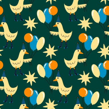 Doğum günü partisinde ördek desenli ambalajlar, kumaşlar, çarşaflar ve çocuk kıyafetleri ve yıldönümü aksesuarları. Yüksek kalite fotoğraf