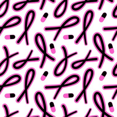 Göğüs kanseri ayı, ambalaj kağıdı, tıbbi aksesuar ve ilaç tekstili için kusursuz pembe kurdele günü deseni. Yüksek kaliteli illüstrasyon