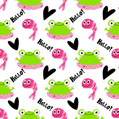 Çizgi filmlerdeki kusursuz kurbağa desenleri kağıt, kumaş, çarşaf, çocuk giysisi baskısı, şenlik ambalajı ve parti aksesuarları için. Yüksek kaliteli illüstrasyon