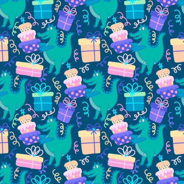 Doğum günü partisi, kağıt, kumaş, çarşaf ve çocuk giysileri baskısı ve yıldönümü aksesuarları için kusursuz timsah deseni. Yüksek kalite fotoğraf