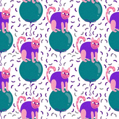 Çizgi film hayvanları kağıt, kumaş, çarşaf, çocuk giysisi baskısı ve parti aksesuarları için kusursuz kedi desenleri. Yüksek kaliteli illüstrasyon