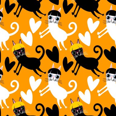 Çizgi film hayvanları kağıt, kumaş, çarşaf, çocuk giysisi baskısı ve parti aksesuarları için kusursuz kedi desenleri. Yüksek kaliteli illüstrasyon