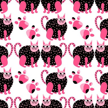 Çizgi film hayvanları kağıt, kumaş, çarşaf, çocuk giysisi baskısı ve parti aksesuarları için kusursuz kedi desenleri. Yüksek kaliteli illüstrasyon