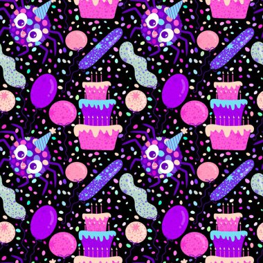 Birthday party seamless spider pattern for wrapping paper and fabrics and linens and kids clothes print and anniversary accessories . High quality photo