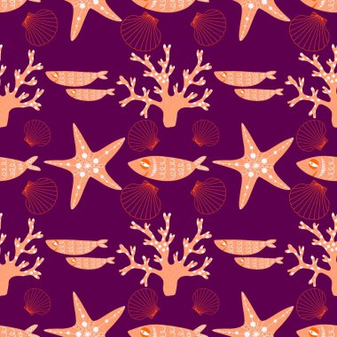 Ambalaj kağıtları, kumaşlar, çarşaflar ve çocuk giysileri baskısı ve yaz partisi aksesuarları ve moda tekstili için okyanussuz desen. Yüksek kaliteli illüstrasyon