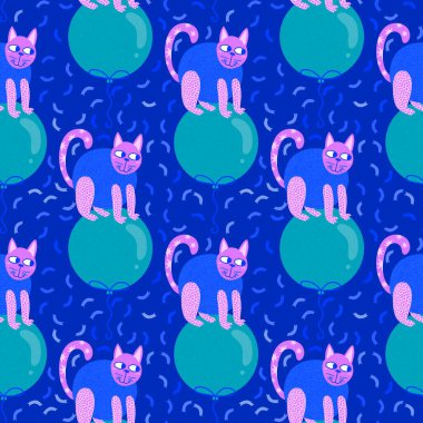 Çizgi film hayvanları kağıt, kumaş, çarşaf, çocuk giysisi baskısı ve parti aksesuarları için kusursuz kedi desenleri. Yüksek kaliteli illüstrasyon