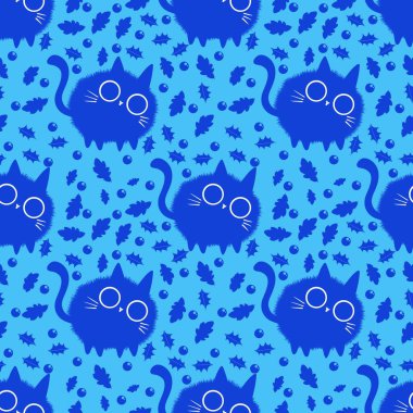 Çizgi film hayvanları kağıt, kumaş, çarşaf, çocuk giysisi baskısı ve parti aksesuarları için kusursuz kedi desenleri. Yüksek kaliteli illüstrasyon