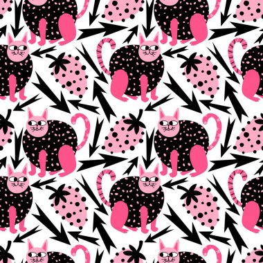 Çizgi film hayvanları kağıt, kumaş, çarşaf, çocuk giysisi baskısı ve parti aksesuarları için kusursuz kedi desenleri. Yüksek kaliteli illüstrasyon