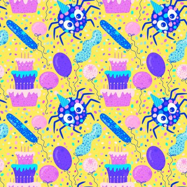 Birthday party seamless spider pattern for wrapping paper and fabrics and linens and kids clothes print and anniversary accessories . High quality photo