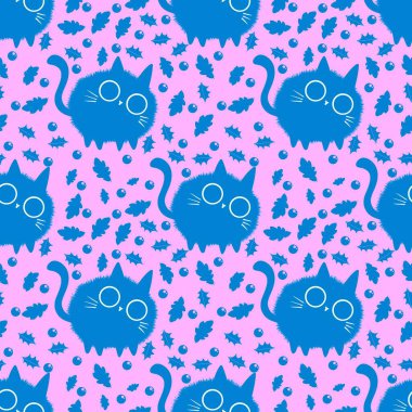 Çizgi film hayvanları kağıt, kumaş, çarşaf, çocuk giysisi baskısı ve parti aksesuarları için kusursuz kedi desenleri. Yüksek kaliteli illüstrasyon