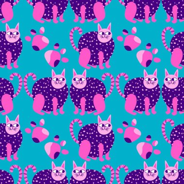 Çizgi film hayvanları kağıt, kumaş, çarşaf, çocuk giysisi baskısı ve parti aksesuarları için kusursuz kedi desenleri. Yüksek kaliteli illüstrasyon