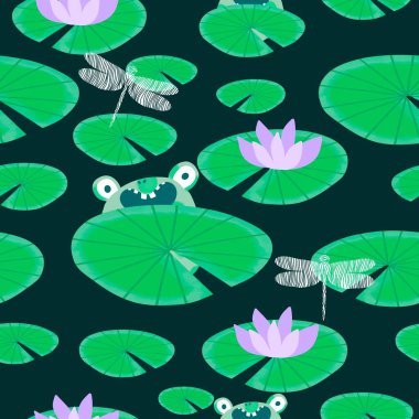Çizgi filmlerdeki kusursuz kurbağa desenleri kağıt, kumaş, çarşaf, çocuk giysisi baskısı, şenlik ambalajı ve parti aksesuarları için. Yüksek kaliteli illüstrasyon