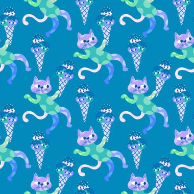 Doğum günü partisi, kağıt, kumaş, çarşaf ve çocuk giysileri baskısı ve yıldönümü aksesuarları için kusursuz kedi deseni. Yüksek kalite fotoğraf