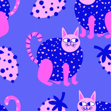 Çizgi film hayvanları kağıt, kumaş, çarşaf, çocuk giysisi baskısı ve parti aksesuarları için kusursuz kedi desenleri. Yüksek kaliteli illüstrasyon
