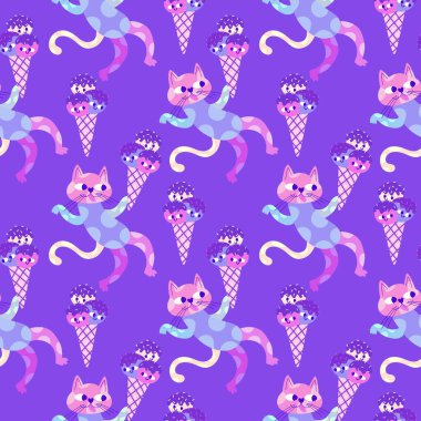 Doğum günü partisi, kağıt, kumaş, çarşaf ve çocuk giysileri baskısı ve yıldönümü aksesuarları için kusursuz kedi deseni. Yüksek kalite fotoğraf