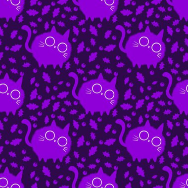 Çizgi film hayvanları kağıt, kumaş, çarşaf, çocuk giysisi baskısı ve parti aksesuarları için kusursuz kedi desenleri. Yüksek kaliteli illüstrasyon